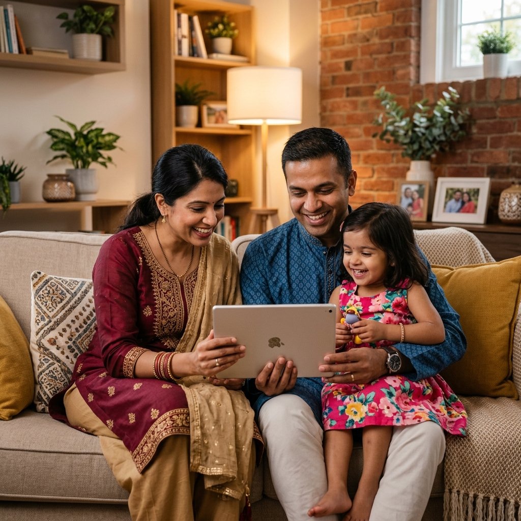 Happy Indian Family looking at Tablet